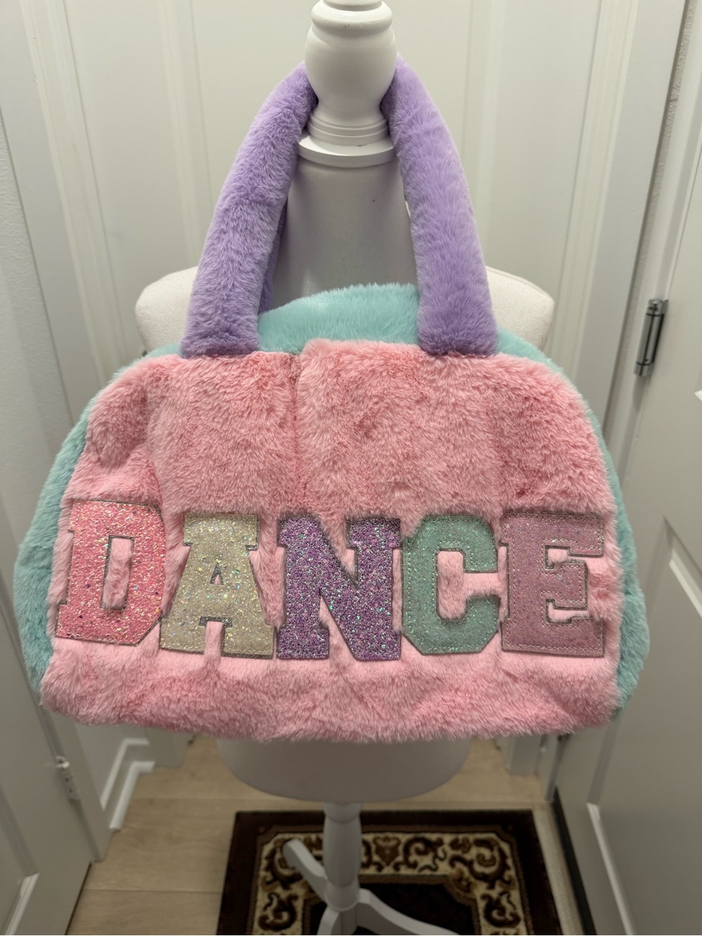 Justice Dance Faux Fur Duffel Bag Pastel Pink Blue Purple Glitter Kids Tote